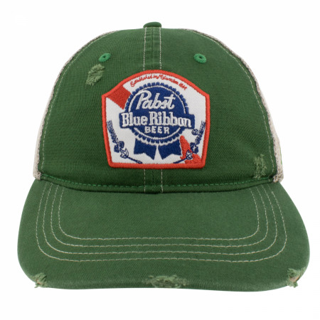 Pabst Blue Ribbon Embroidered Logo Distressed Green Denim Trucker Hat