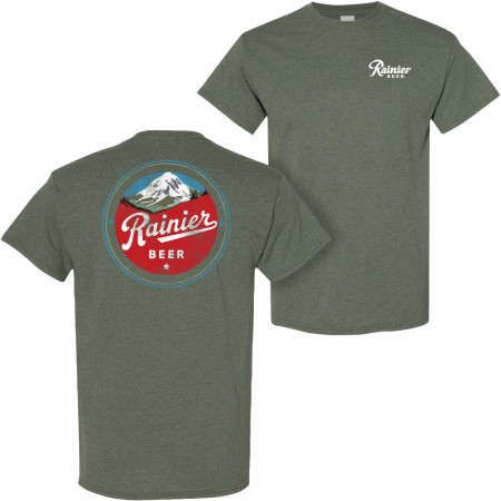 Rainier Beer Distressed Mountain Logo Front and Back T-Shirt