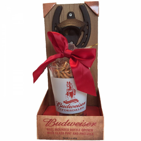 Budweiser Clydesdales Horseshoe Bottle Opener with Pint and Pretzels