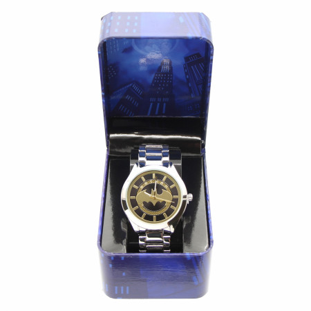 Batman Classic Logo White and Gold Analog Watch with Metal Band