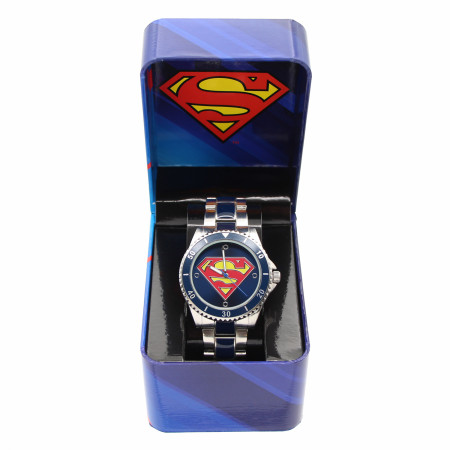 Superman Classic Logo Silver and Blue Analog Watch with Metal Band