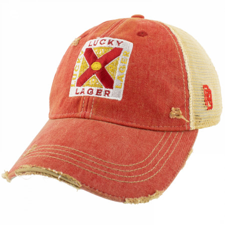 Lucky Lager Vintage Logo Red Colorway Distressed Trucker Hat