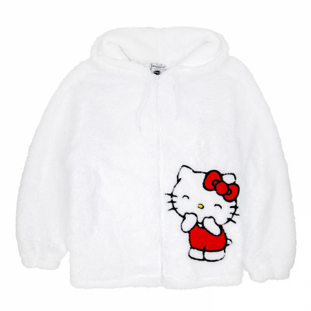 Hello Kitty Sewn On Ears and Bow Zip-Up Fuzzy Hoodie with Applique Art