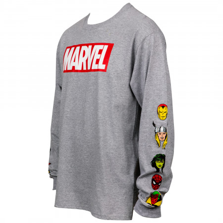 Marvel Text Logo with Character Heads Sleeve Print Long Sleeve Shirt