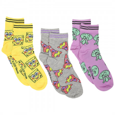 SpongeBob SquarePants Characters 3-Pair Pack of Women's Quarter Socks