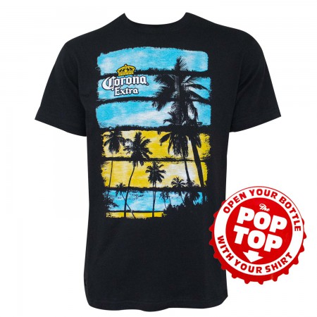 Corona Palm Trees Pop Top Bottle Opener Black Tee Shirt