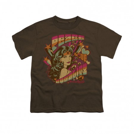 Wonder Woman Peace Love Equality Brown Youth Unisex T-Shirt