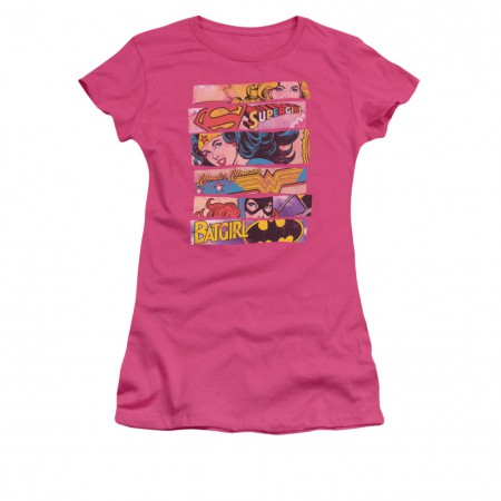 Wonder Woman Batgirl Supergirl Three Of A Kind Pink Juniors T-Shirt
