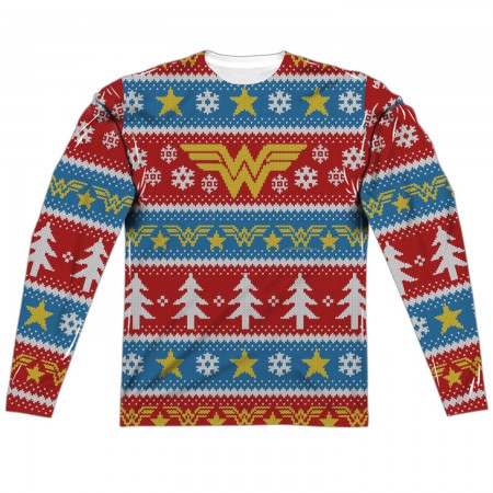 Wonder Woman Ugly Christmas Sweater Print Long Sleeve T-Shirt