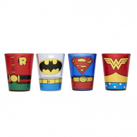 DC Superheroes Comic Uniforms 4 PC Shot Glass Set