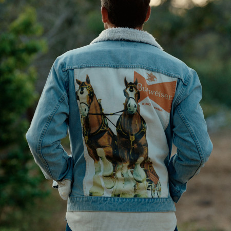 Budweiser Anheuser-Busch Sherpa Trucker Jacket with Clydesdale Print