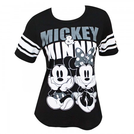 Mickey And Minnie Mouse Women's Football Striped Black Tee Shirt