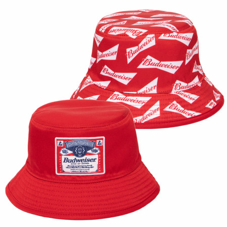 Budweiser Beer Label and All Over Ribbons Reversible Text Bucket Hat