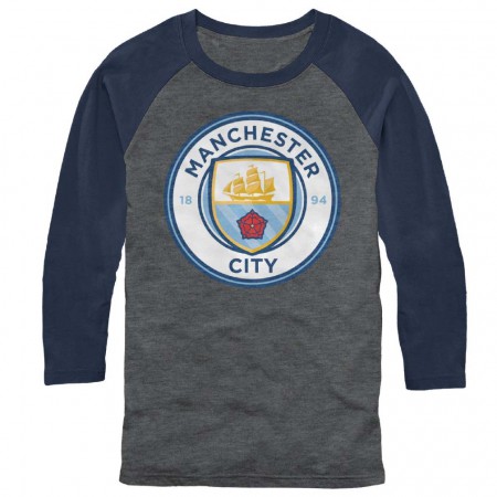 Manchester City Logo Raglan Long Sleeve Soccer Gray T-Shirt