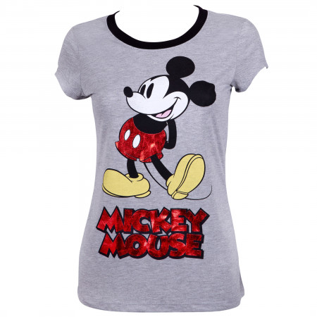 Mickey Mouse Women's Grey Red Foil T-Shirt