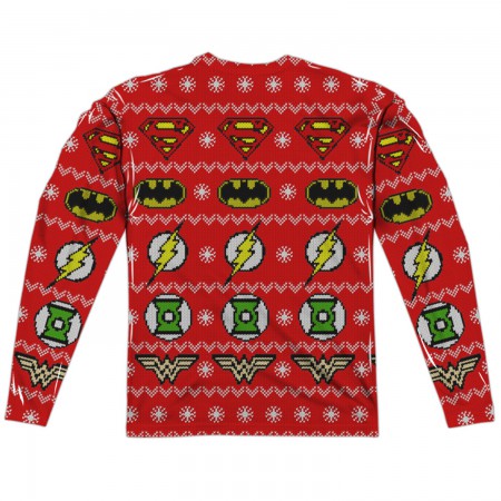 Justice League Ugly Christmas Sweater Print Long Sleeve Tee