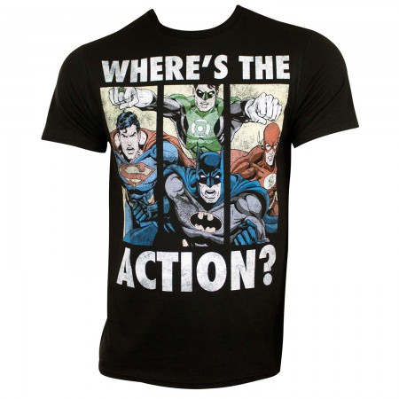 Justice League Men's Black Where's The Action T-Shirt