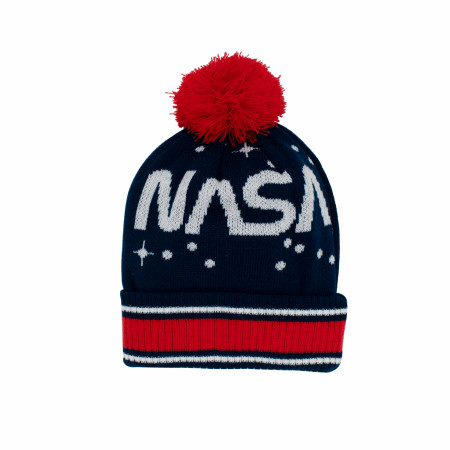 NASA Patch and Stars Knit Cuff Pom Beanie