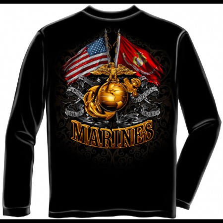 USMC Marines Flags Black Long Sleeve T-Shirt