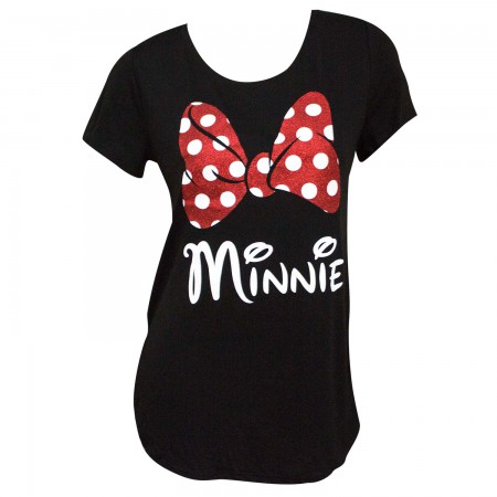 Minnie Mouse Glitter Bow Women's Black TShirt