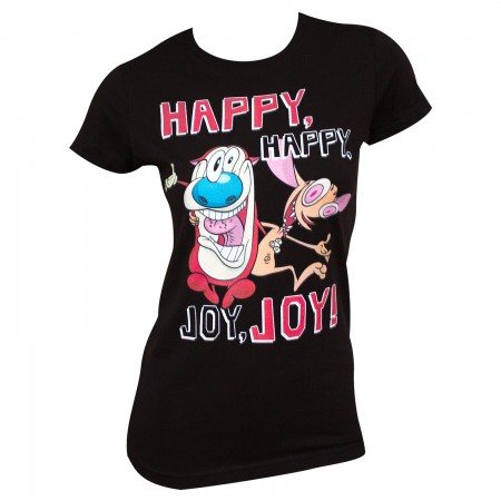 Ren And Stimpy Women's Black Happy Happy Joy Joy T-Shirt