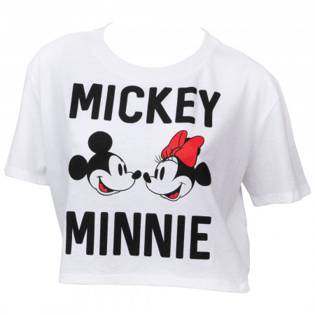 Disney Mickey and Minnie Mouse Faces and Text Crop Top Tee