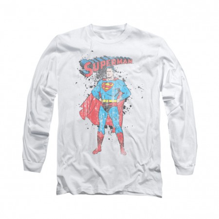 Superman Vintage Ink Splatter White Long Sleeve T-Shirt