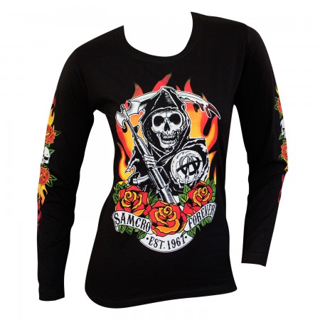 Sons Of Anarchy Reaper Flames Logo Long Sleeve Ladies Black Shirt