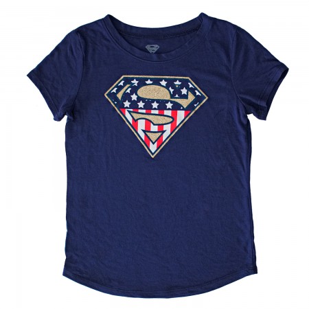 Superman Youth Girls Navy Blue American Flag Glitter Logo T-Shirt