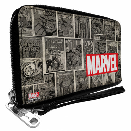 Marvel Logo with Retro Comic Covers PU Leather Zip Around Wallet