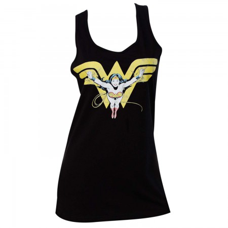 Wonder Woman Comic Flying Over Logo Women's Black Tank Top