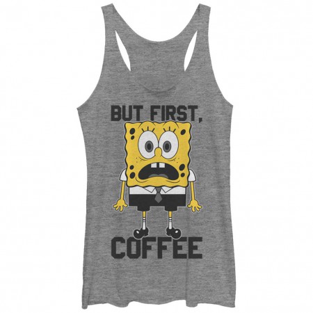 Spongebob Squarepants Nickelodeon First Coffee Gray Juniors Racerback Tank Top