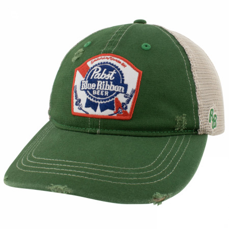 Pabst Blue Ribbon Embroidered Logo Distressed Green Denim Trucker Hat