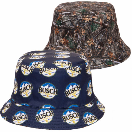 Busch Beer Label All Over Reversible Camo Text Bucket Hat