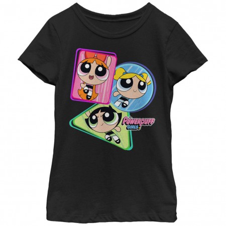 Power Puff Girls Superhero Shapes Black Youth Girls T-Shirt