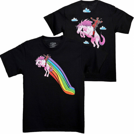Deadpool Flying High on a Unicorn Front and Back T-Shirt