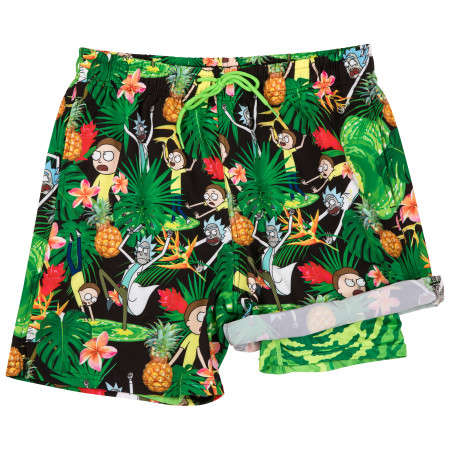 Rick And Morty Tropical Adventures 6" Inseam Lined Swim Trunks