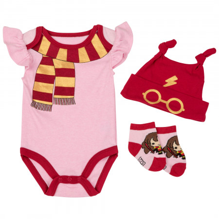 Harry Potter School Uniform 3-Piece Infant Bodysuit Set with Cap