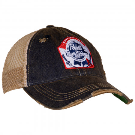 Pabst Blue Ribbon Distressed Retro Brand PBR Brown Mesh Trucker Hat