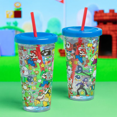 Super Mario Characters and Power-Ups 23oz Cup with Lid and Straw